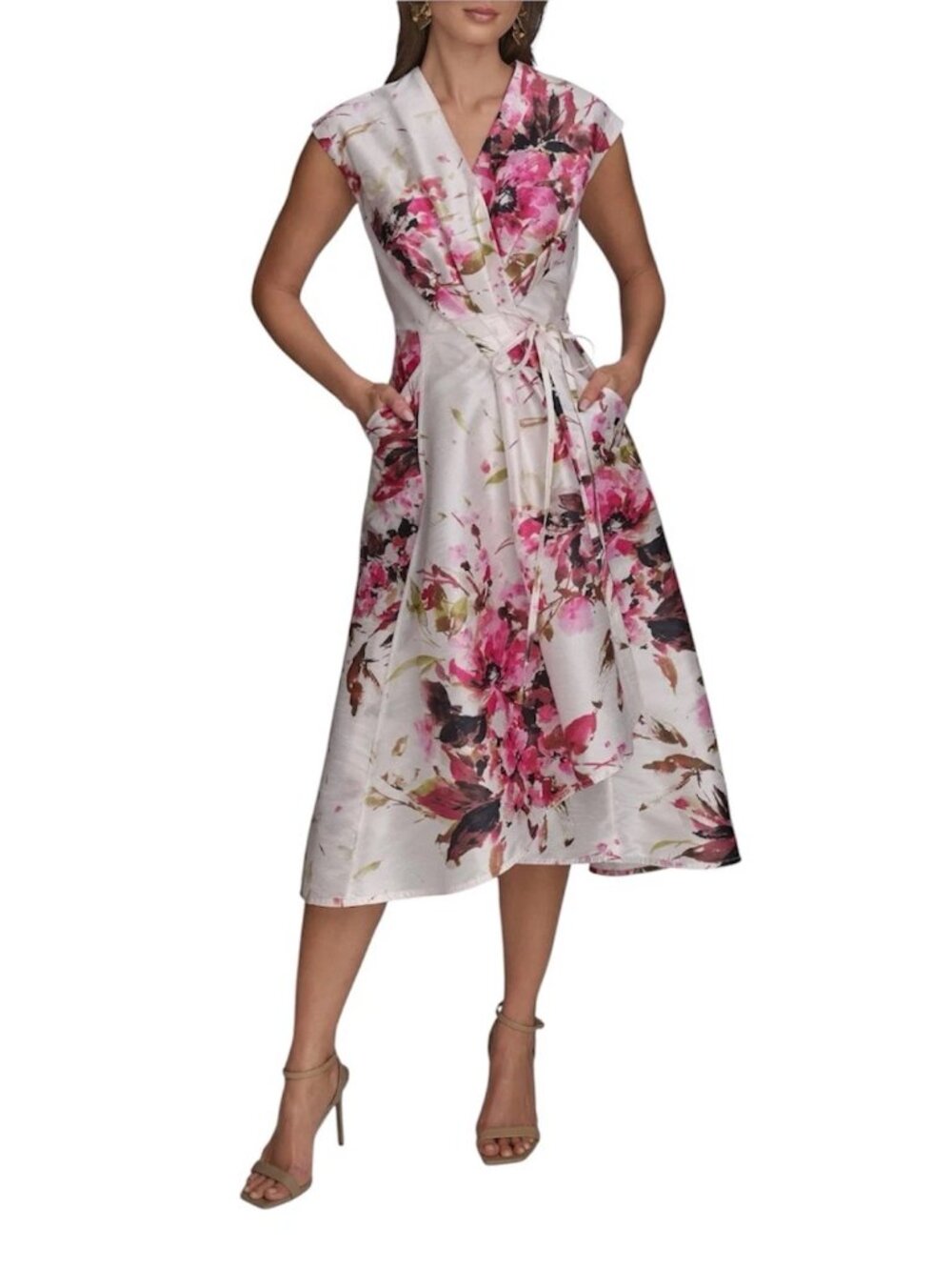 Donna Karen Wrap Dress Women's Plus Size 24W Beige Pink Floral Fit & Flare Midi